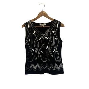 Lauren Michelle Top Shirt Women Medium Black White Beaded Sleeveless V-Neck TanK